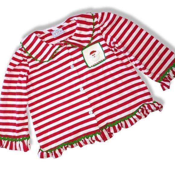 Three‎ Sisters Christmas Top Red White Stripe Green Trim Button Front Cotton 5 - Picture 1 of 8